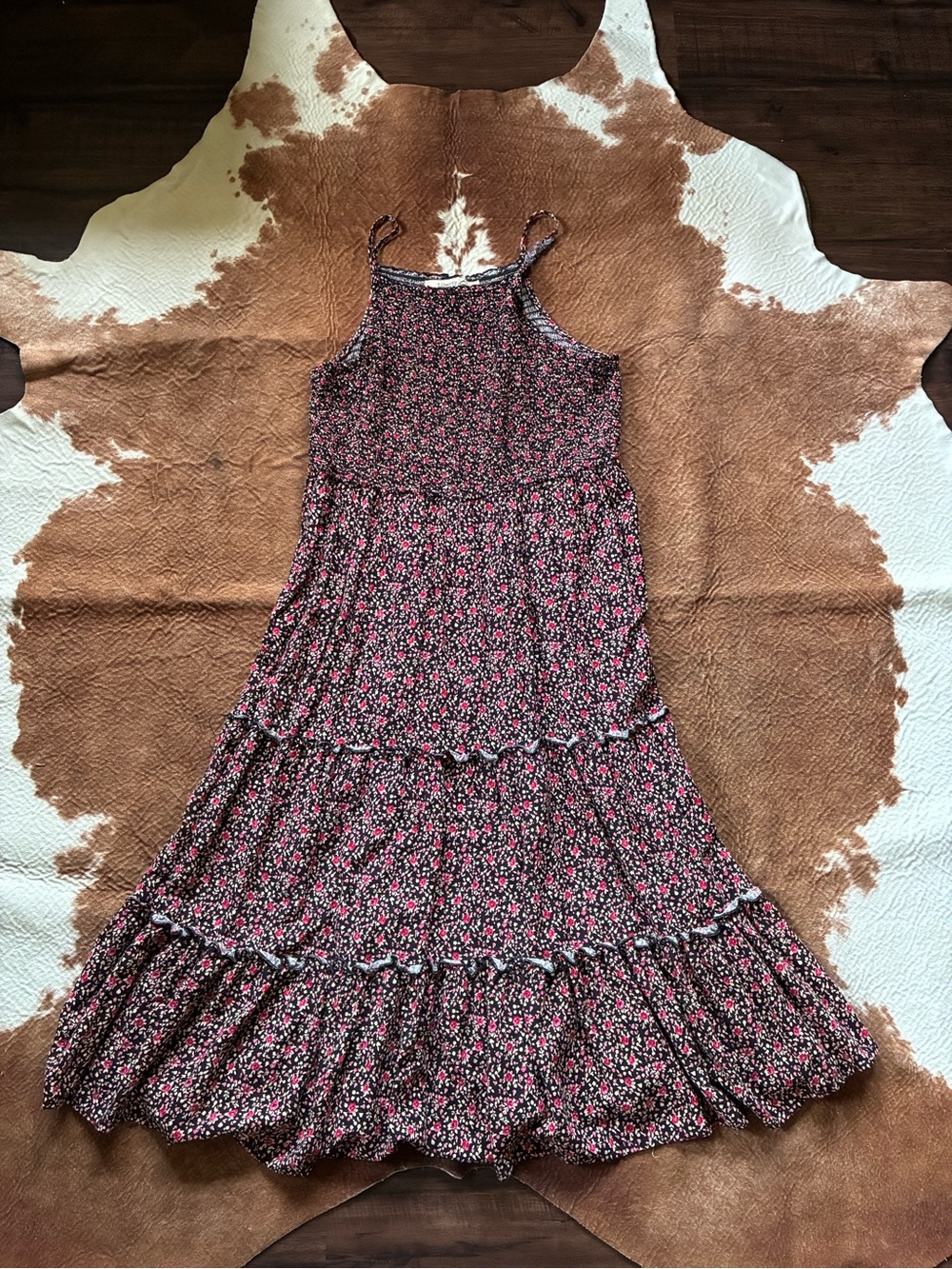 Liberty Love Black Floral Tiered Sundress with Pink Accents